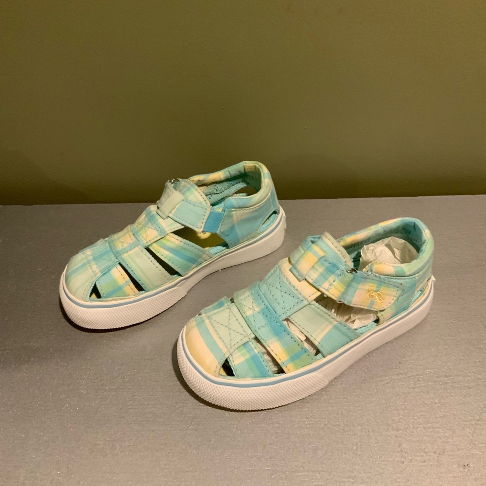 Kids Teal Plaid Canvas Fisherman Sneakers - Velcro Closure